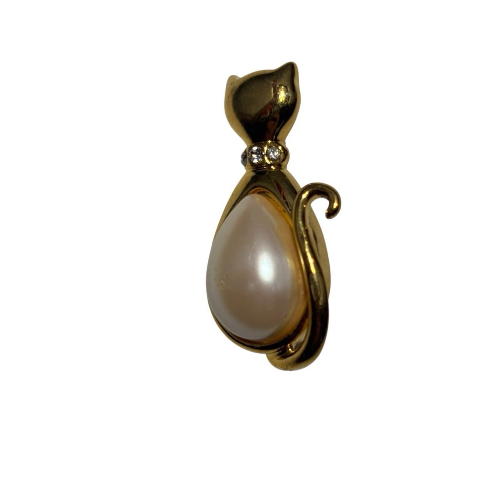 Vintage Marvella Gold Tone Rhinestone Collar Faux Pearl Kitty Cat Brooch Pin